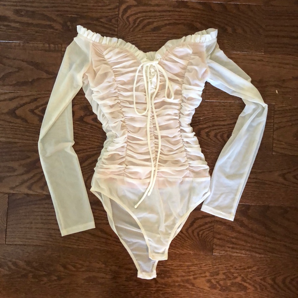 rouched, semi sheer, off the shoulder leotard